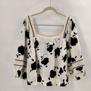 Maurices Square Neck Blouse Black Floral On Cream Size XL Peasant Style Top